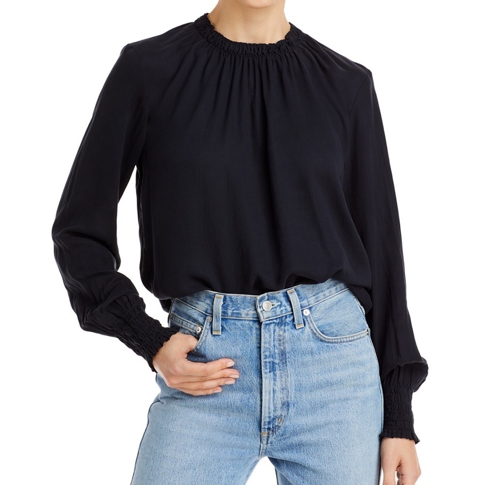Bella Dahl cassia elastic shirred long sleeve shirt blouse black XS